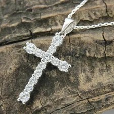 2Ct Round Cut White Moissanite Women's Cross Pendant 14K White Gold Plated