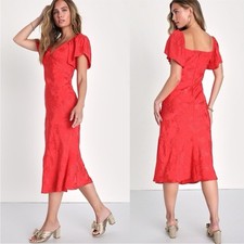 Lulus Red Satin Flutter Sleeve Midi Dress Small Resortwear Wedding Guest Gala