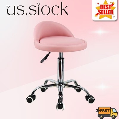 Pink Leather Round Rolling Stool with Back Rest - Adjustable Swivel Task Chair