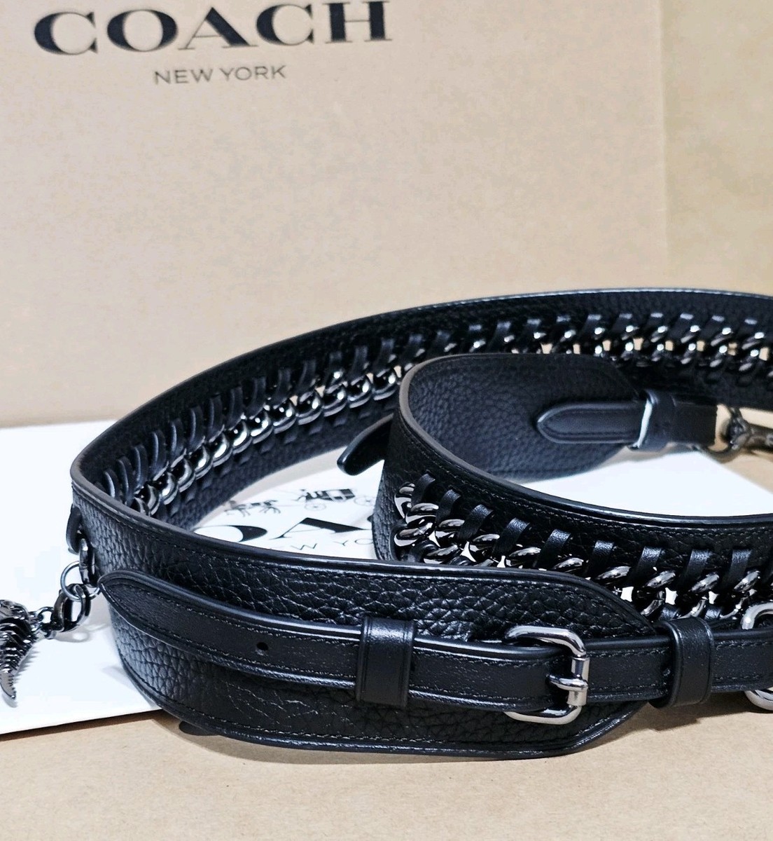 Coach GUNMETAL REXY Novelty Strap BLACK Leather Braided Chain Bag