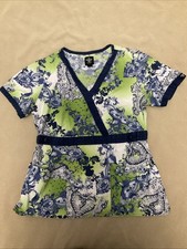 Med Couture Paisley Mock Wrap Scrub Top Medium Womens Navy Blue Green Flaw