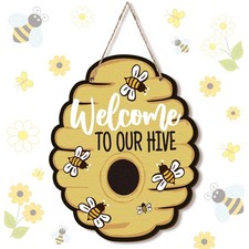 Wooden Bee Sign Decoration Welcome to Our Hive Bee Wall Plaque Honey Bees Han...