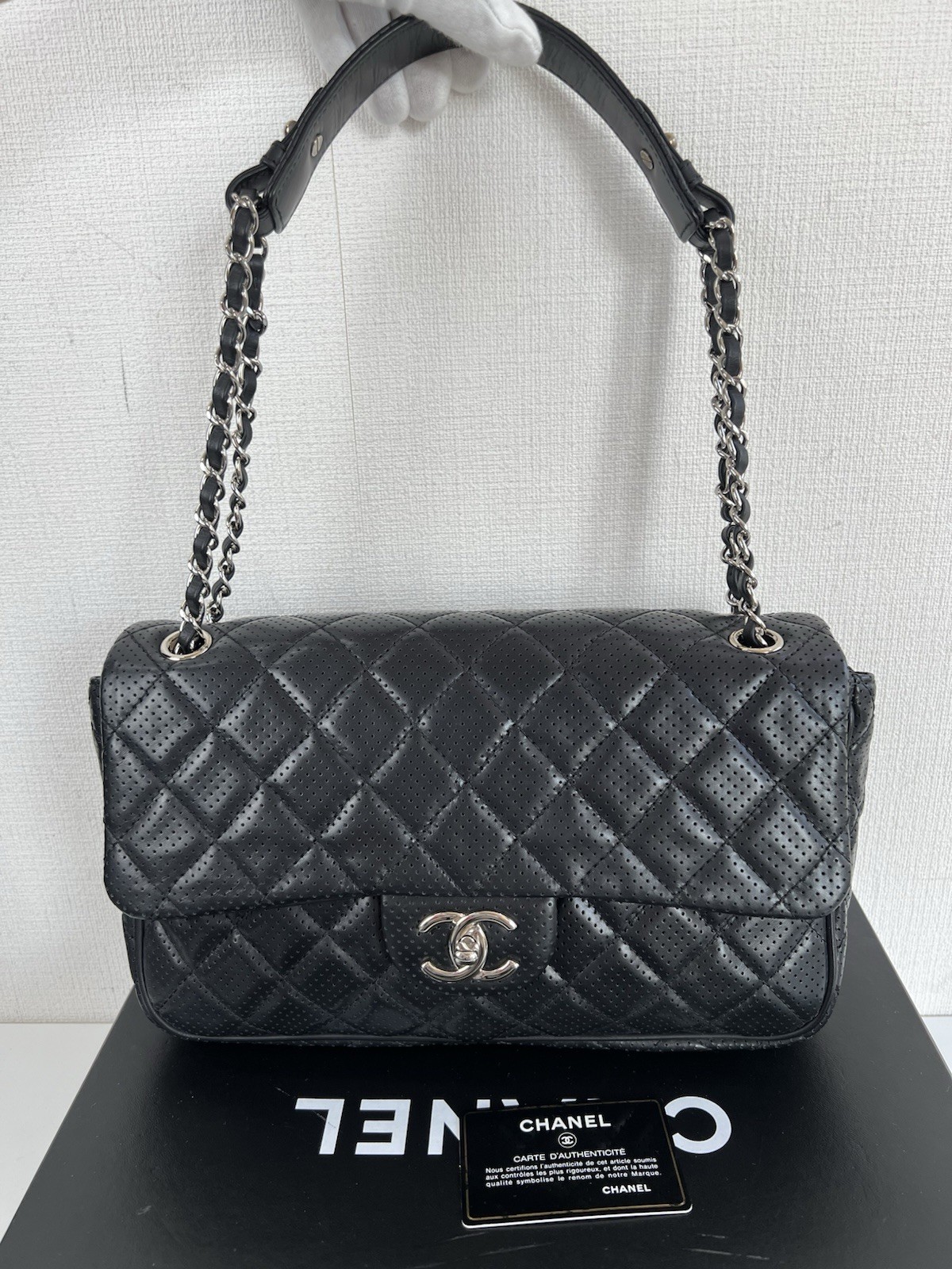 Chanel Perforated Leather Classic Flap Chain Shoulder Bag Black