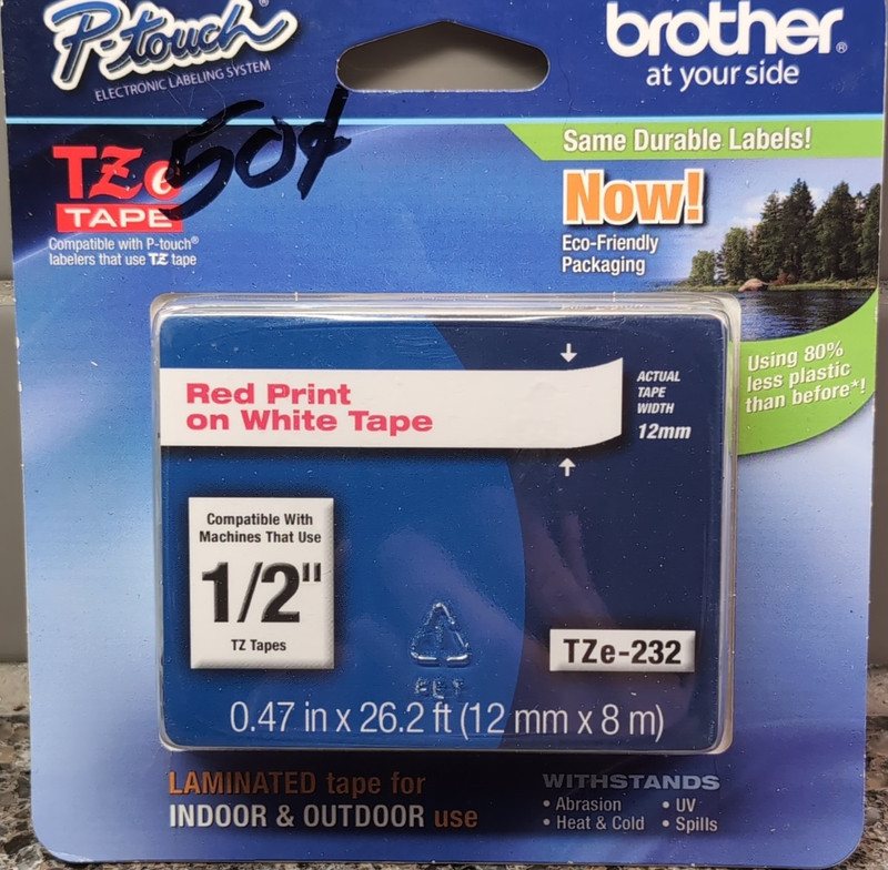 Brother P-touch TZ TZe-232 Label Tape 1/2 in Red on White Thermal