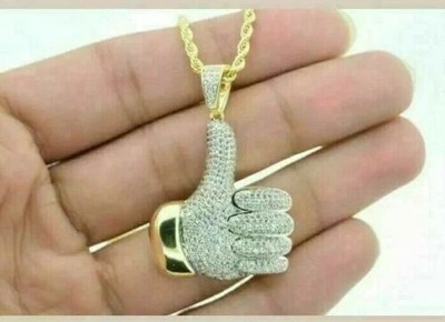 2Ct Pave Cut Diamond Thumbs Up Hip Hop Pendant 14K Yellow Gold Finish Free Chain