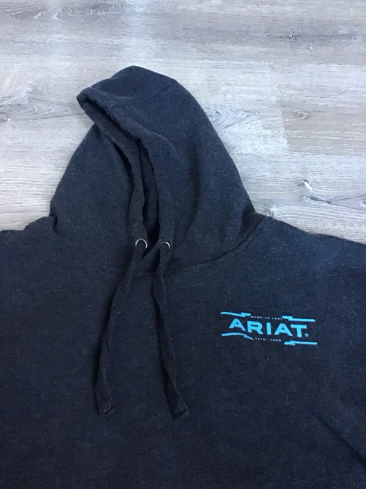 Ariat Logo Hood Hoodie Mens Large Gray Blue Pullover Sweatshirt Kangaroo Pocket - Image 4 of 4