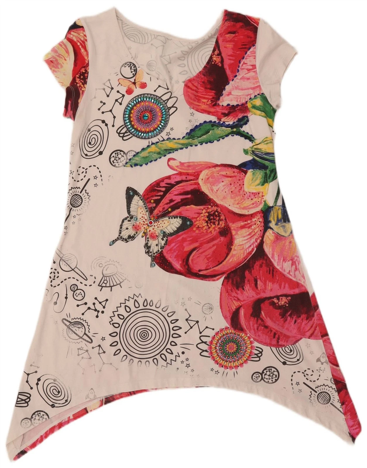 DESIGUAL Womens Asymmetric Tunic Top UK 14 Large White Floral Butterfly AC17