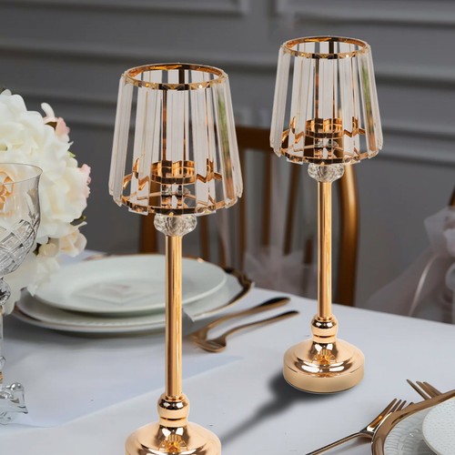 2 GOLD CLEAR 15" Metal Votive CANDLE HOLDERS Crystal Glass Lamp Shade Events - Picture 2 of 8