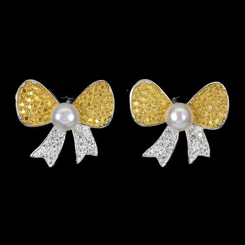 925 Sterling Silver Earrings Round White Pearl 5mm Natural Ribbon Jewelry