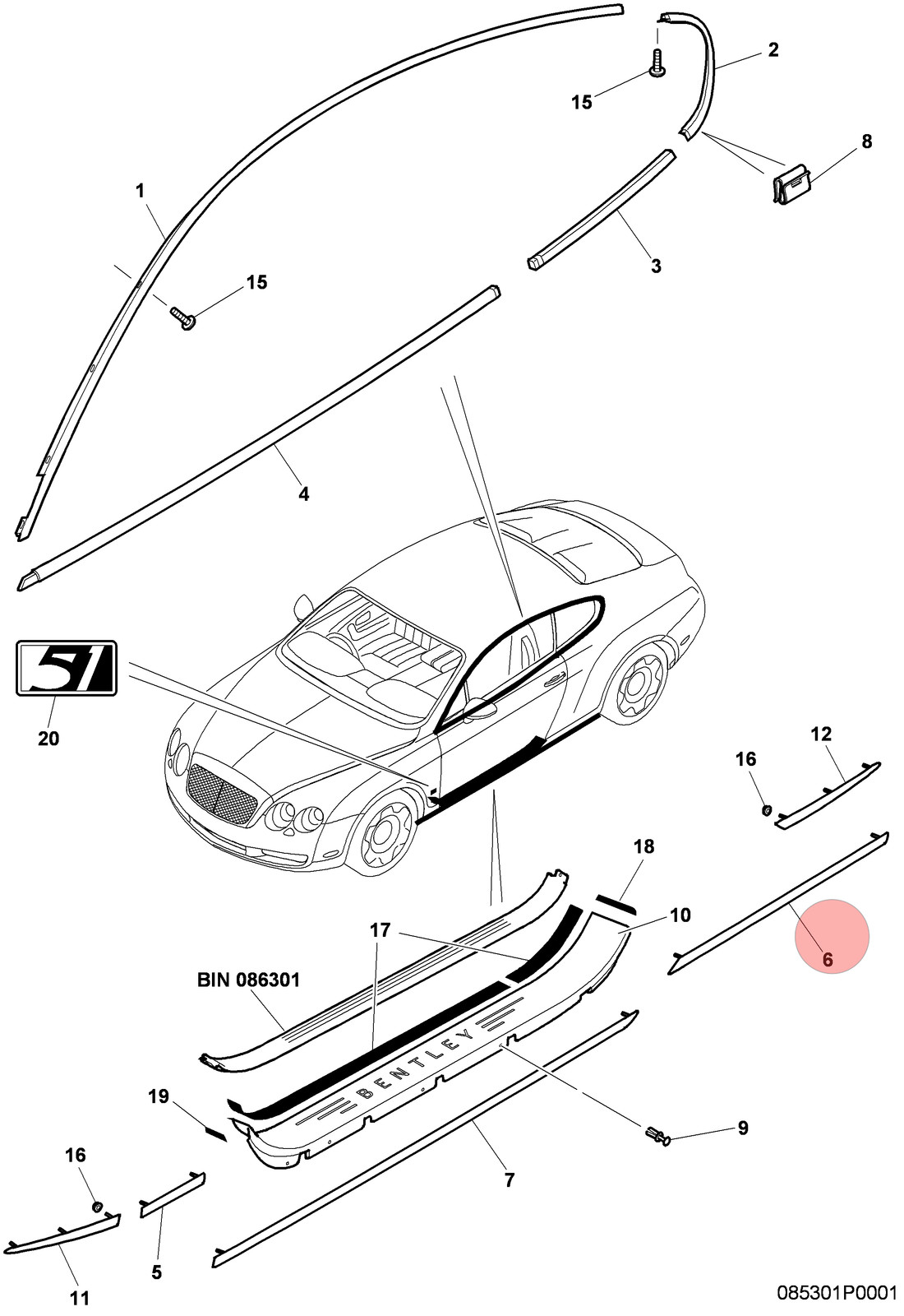 Bentley Continental GT 2004-2010 Rear Left Lower Trim strip Silver
