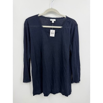 J. Jill Love Linen Knit Top Women S Navy Blue Pom Pom Trim Long Sleeve Scoop