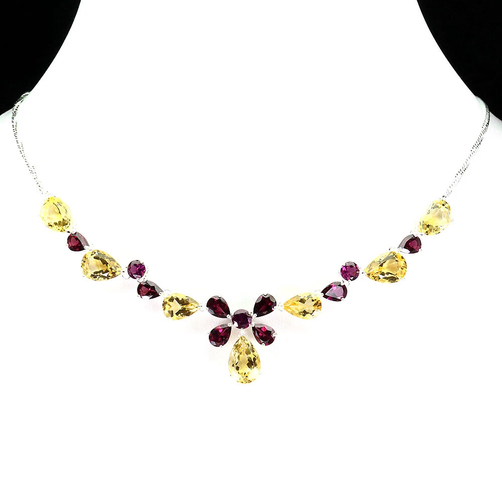 VALENTINO Valentine Pera Citrino 12x8mm Rodolite Granato 925 Collana Argento 48.3cm