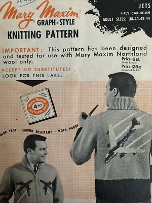 ''Mary Maxim 107 ''''Jets'''' Intarsia 4-lagige Herren-Strickjacke Strickmuster 38-44''''''