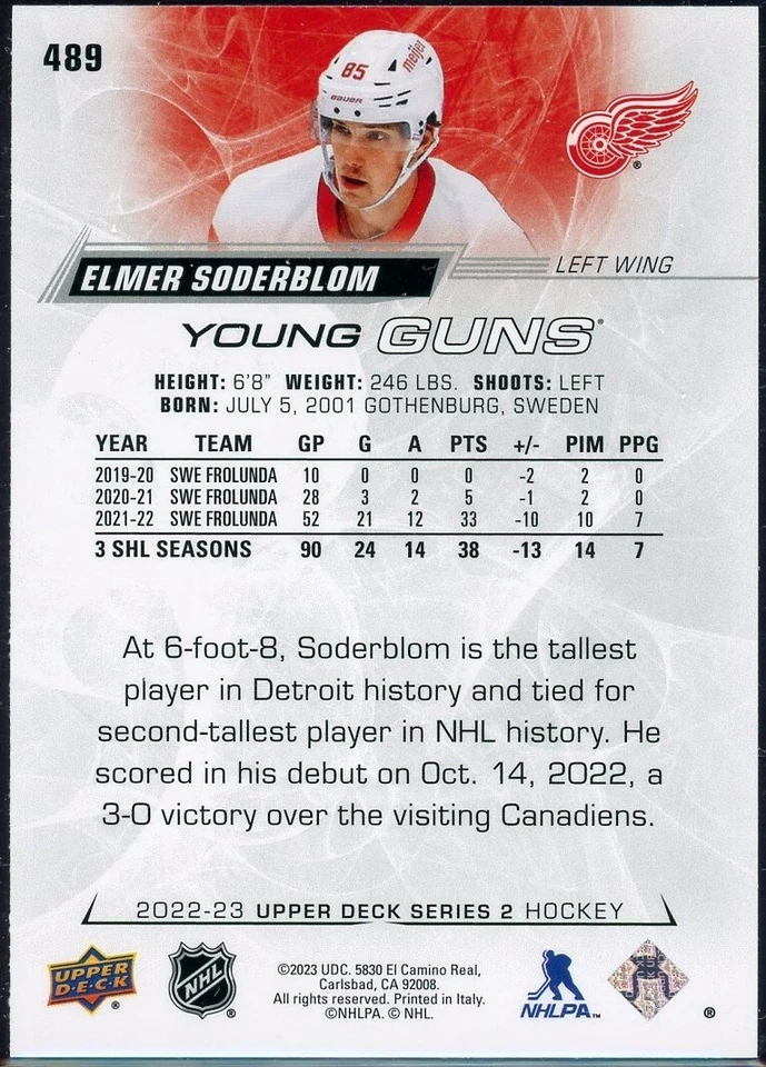 2022-23 UPPER DECK SERIES 2 ELMER SODERBLOM YOUNG GUNS #489 - Image 2 of 2