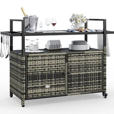Patio Kitchen and Bar table Portable Outdoor Wicker Table with Storage Cabinet