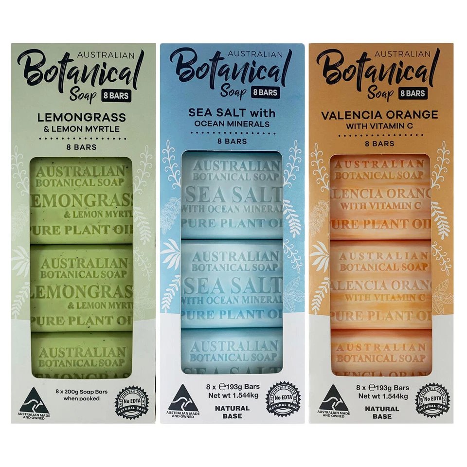Australian Botanical Soap Bar Multipack Natural Soap Bars, 8 Pack in 3 Varieties