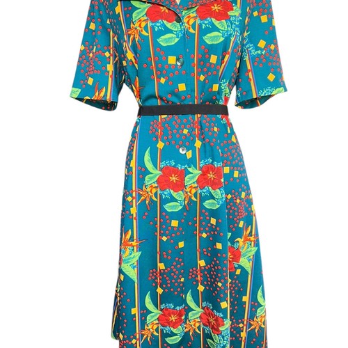 Vintage 70s Dress Teal Green Red Print Wide Collar Italy Fit 12 14 - Picture 3 of 9