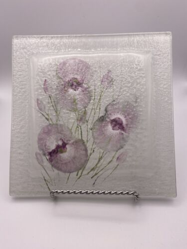 Pink/ Purple Iris Fused Glass Trinket Candy Nut Dish Tray Candle Holder-Signed - Picture 2 of 4