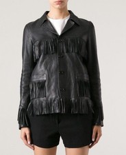 Women Black Real Cowskin Native American Fringe Jacket Coat Xs-4xl