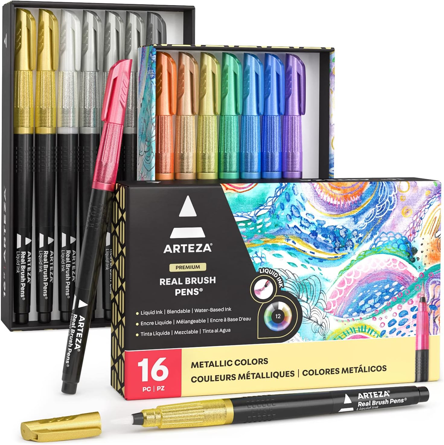 16 Vibrant Metallic Brush Markers with Blendable Watercolor Ink for Artistic Creations-image