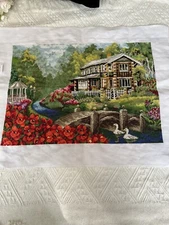 completed finished cross stitch Rural scenery 17''x 12'' Unframed New