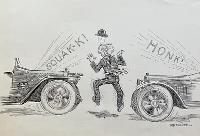 RALPH FULLER Original Signed Early Cartoon Illustration Puck Automobiles LISTED