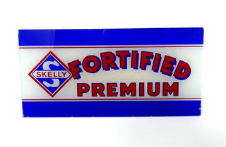 VTG RARE 1940's SKELLY FORITIED PREMIUM GAS RP GLASS PUMP PLATE SIGN. NICE!