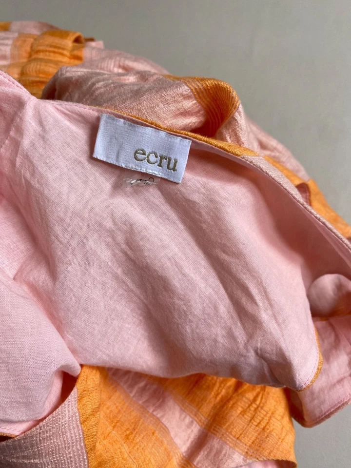 Vestido midi sin mangas mezcla de lino crudo talla grande a rayas naranja rosa cuello en V Foto 3 de 4