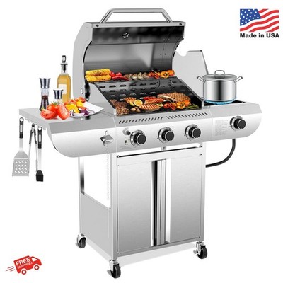 Electactic 3-Burner Propane Gas Grill with Side Burner   34,000 BTU Stainless St