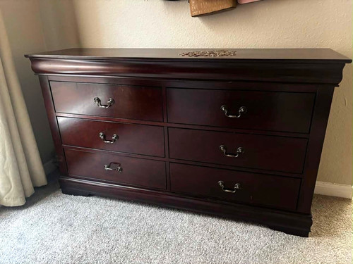 Dark Brown Wood 6-Drawer Bedroom Dresser, Freestanding, Bail Pull Handles