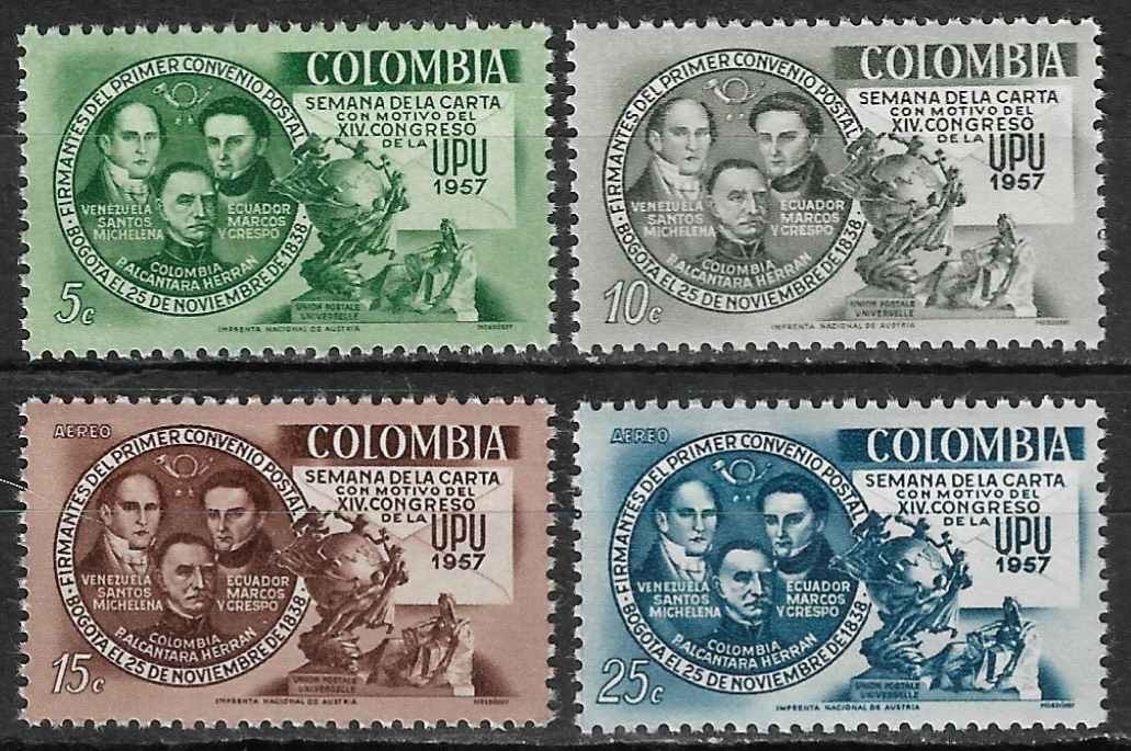 Colombia Stamps 1957 SC# 676, 677 SC# C302, C303 ' Intl. Letter Writing Week '
