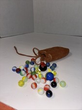 2 Shooter  35 Marbles in Brown Suede Leather Drawstring Bag Marble Shooters Fun