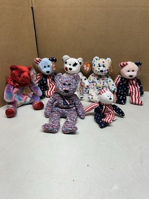 Lot Of 7 Beanie Babies America Spangle July Red White Blue New W/Tags EX Cond