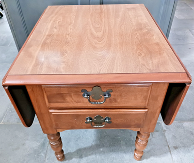 Vintage Ethan Allen Drop Leaf Side Table 2 Drawer MCM Wood End