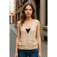 Women's POL Boho Vest Top Sleeveless Shirt with Abalone Buttons and Pockets Sz S