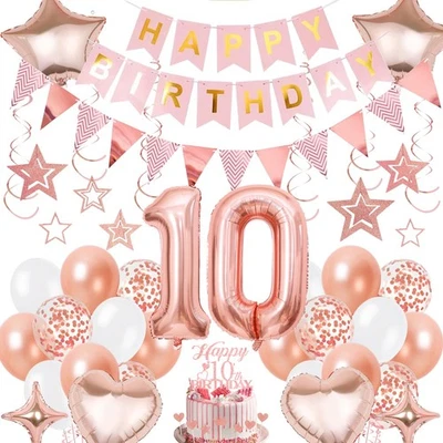 Ballons Decoration Anniversaire 10 ans Fille Or Rose Décoration Banderole Ha... - Photo 1/4