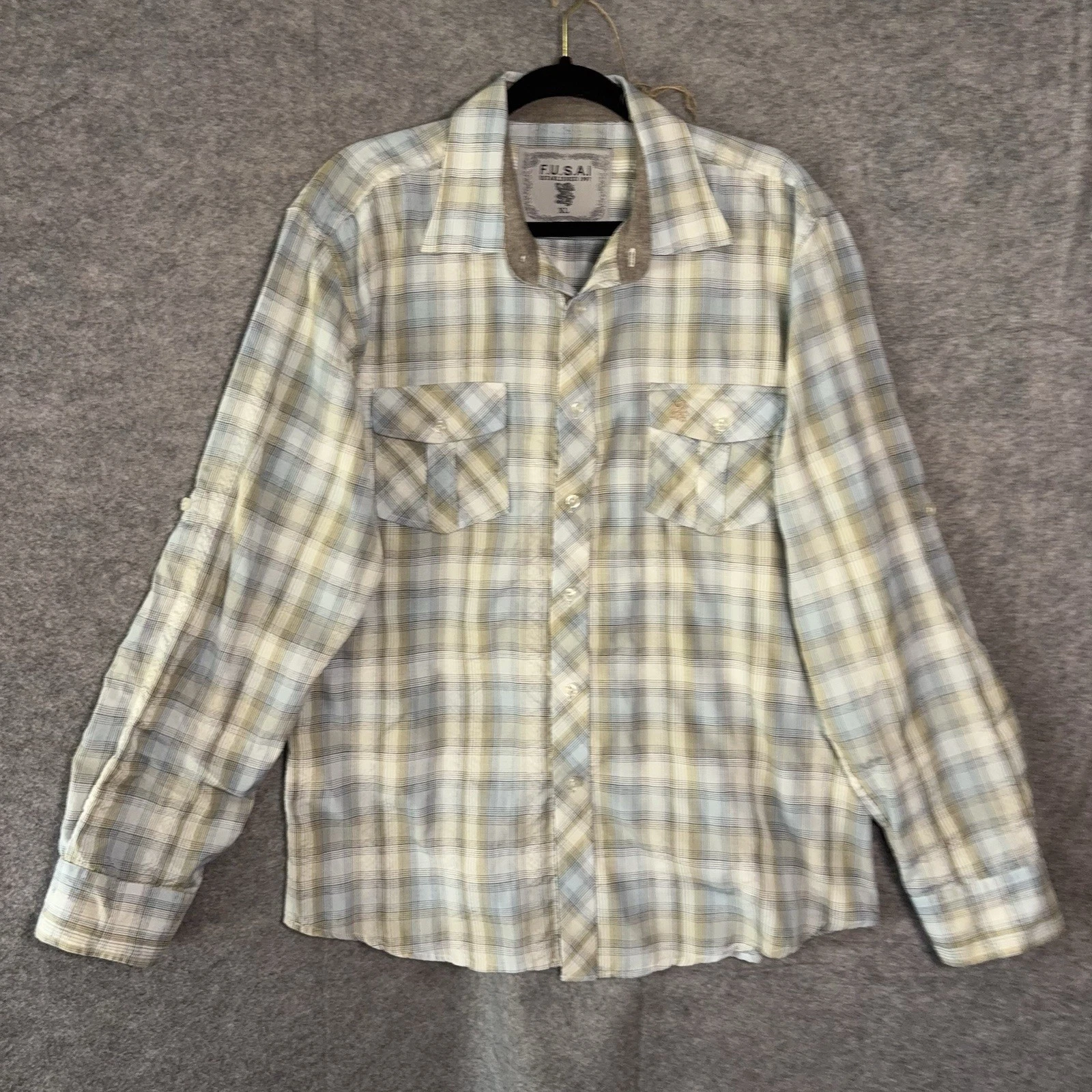 FUSAI Jeans Shirt Mens XL Blue Green Plaid Pockets Roll Tab Sleeve Flip Cuff Y2K