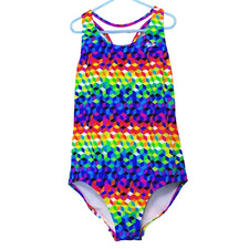 Speedo One Piece Swimsuit Girls 14 Racerback Rainbow Geometric Lined Modest