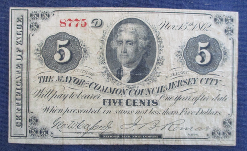 1862 Jersey City New Jersey 5c Fractional Currency Banknote