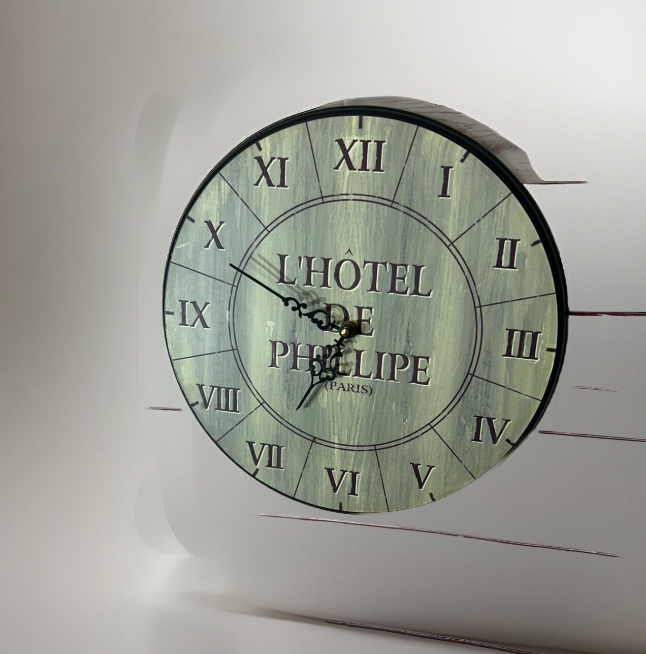 French Wood Round Wall Clock L’ Hotel De Phillipe Paris Roman numerals 13” green