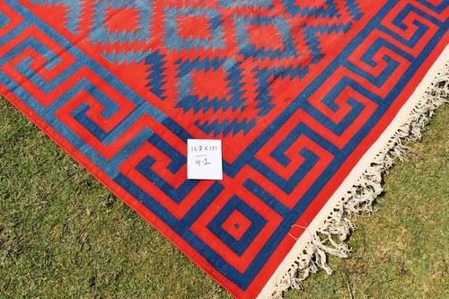 "Antique Indian Carpet Dhurries Jail Carpet Red Blue Diamond Cotton Design"" - Picture 10 of 19