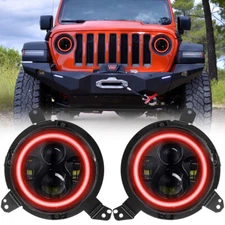 For Jeep Wrangler JL Gladiator 2018-2024 Red Halo Round LED Headlights Combo Kit