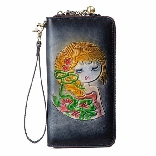 Mujeres Cuero Genuino de Vaca Cartera Larga Cartera Bolso sin asas Tarjetas en relieve - Imagen 7 de 9
