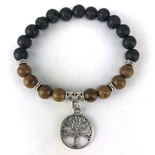 Bracelet Wood Beads Tree of Life Silver Tone Elastic