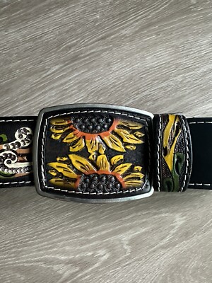 RODEO Quincy Golden Floral Pedals Concho Belt Rodeo Quincy Leather Belt Wide Sunflower Floral Size 36 Rare  main image 4