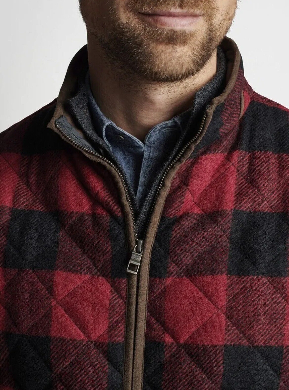 Peter Millar Men's Red Black Plaid Crown Essex Quilted Wool Travel Vest