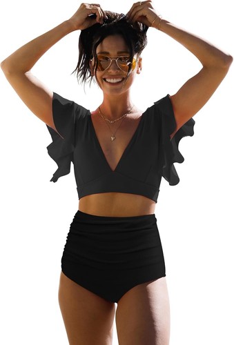 SPORLIKE Women High Waisted Swimsuit Ruffle V Neck Two Pieces Bikini Padded Bath