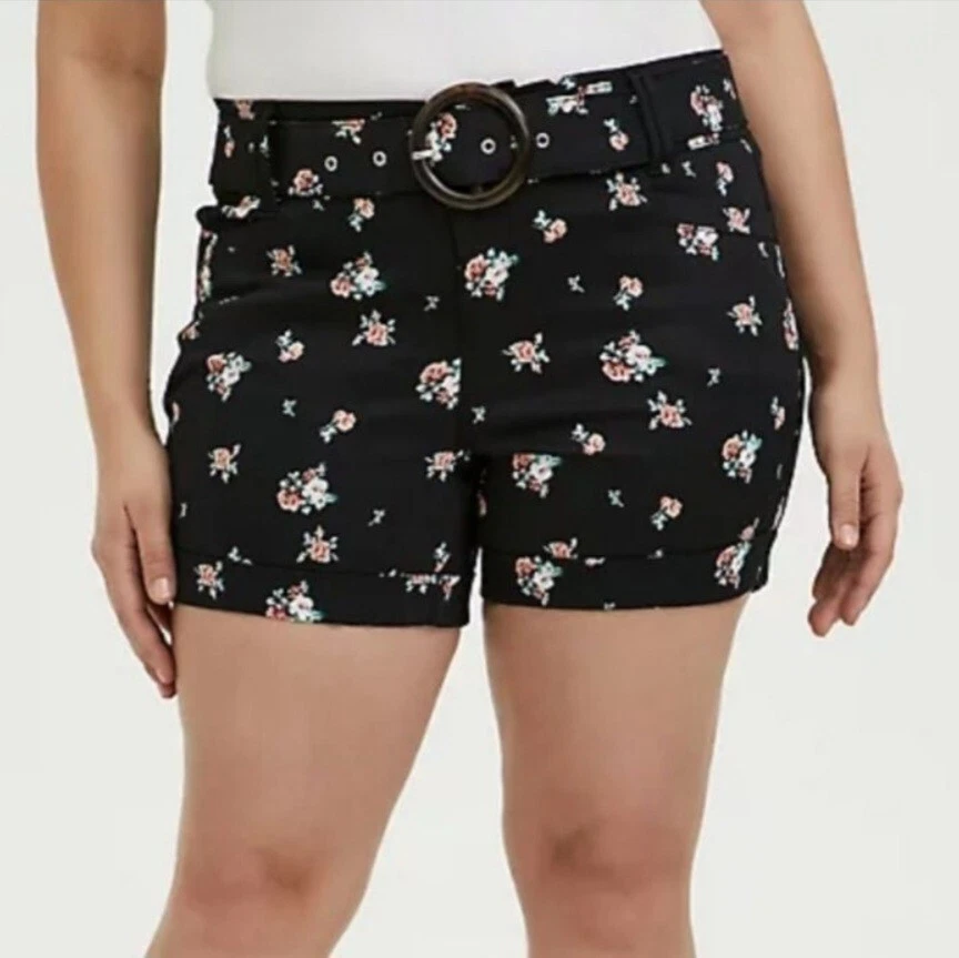 NWT TORRID 14W Belted Sateen Short Stretch Black floral print removable belt