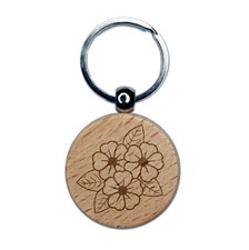 Violet Flowers Bouquet Engraved Wood Round Keychain Tag Charm