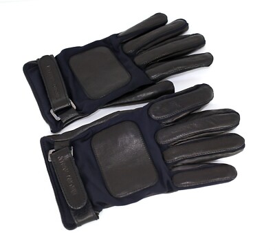 New Emporio Armani Navy Canvas-Black Leather Gloves Small